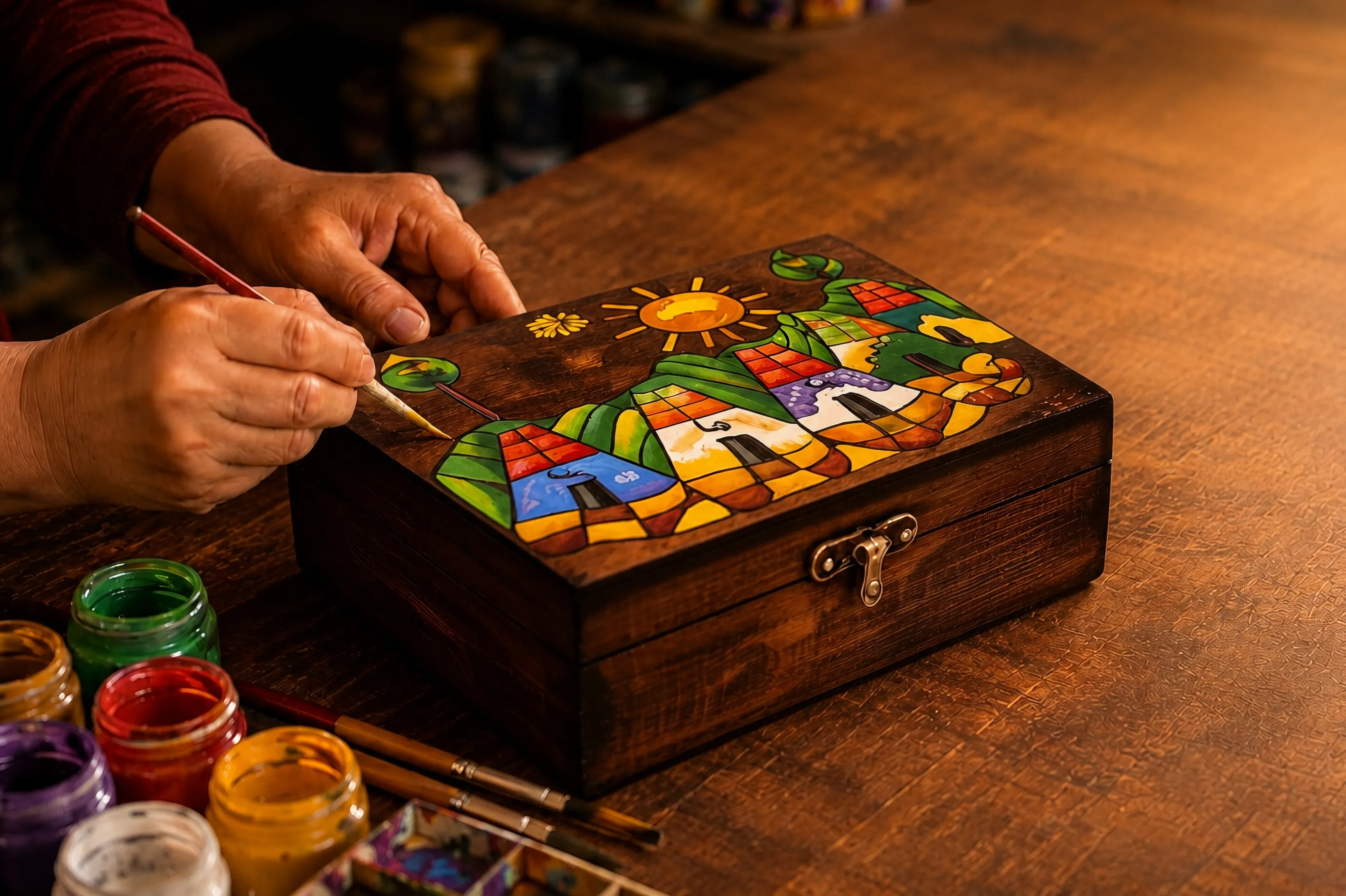 Artesana pintando una pieza de madera a mano en el taller de Artesanías Paty, La Palma